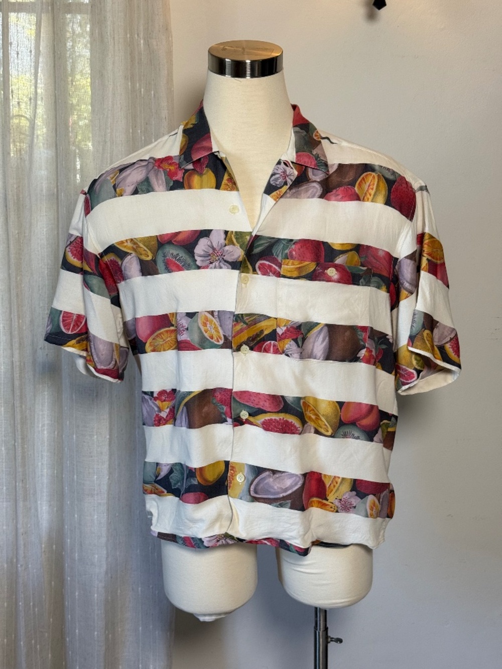 Vintage Fruit Print Camp Shirt White Rayon Resort Miami Mediterranean Men's L
